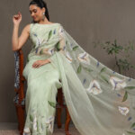 Fize-E-Gul Hand Painted Saree - Handpainted Saree Mint Green